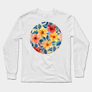 Colorful Watercolor Hibiscus on Warm Beige Long Sleeve T-Shirt